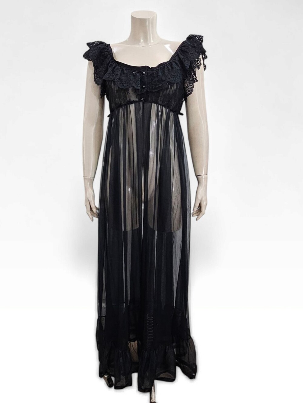 Vtg TOSCA Black Lace Empire Waist Sheer Peignor Robe M/L
